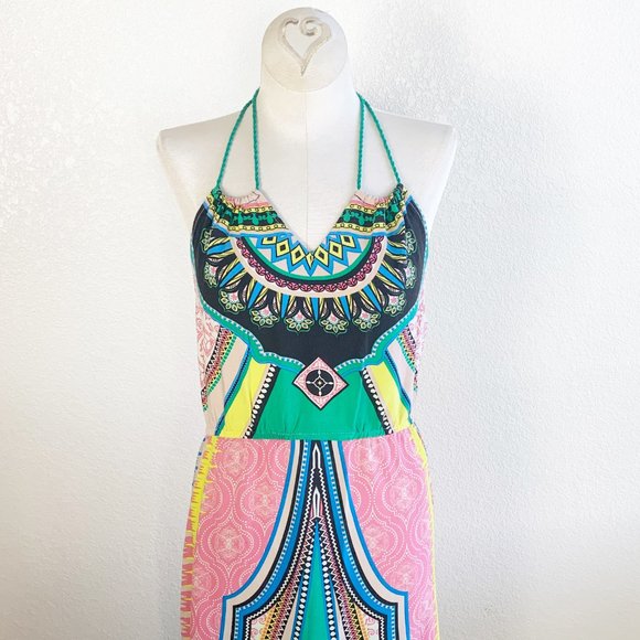 Flying Tomato Colorful Print Halter Maxi Dress L - Picture 2 of 5